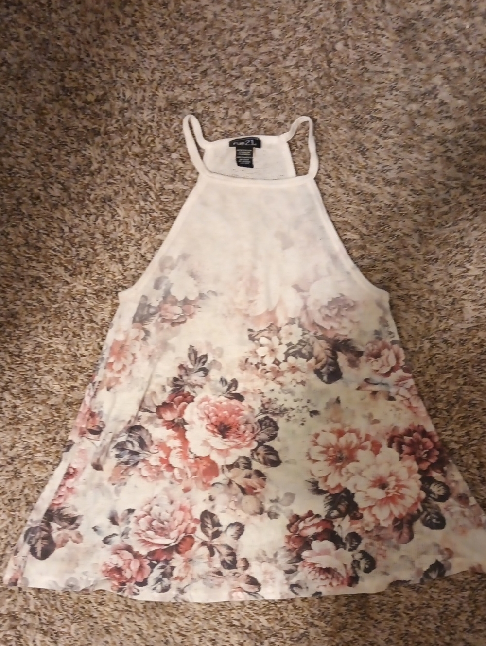 Floral Halter Tank Top - White with Pink Rose Print Sz M